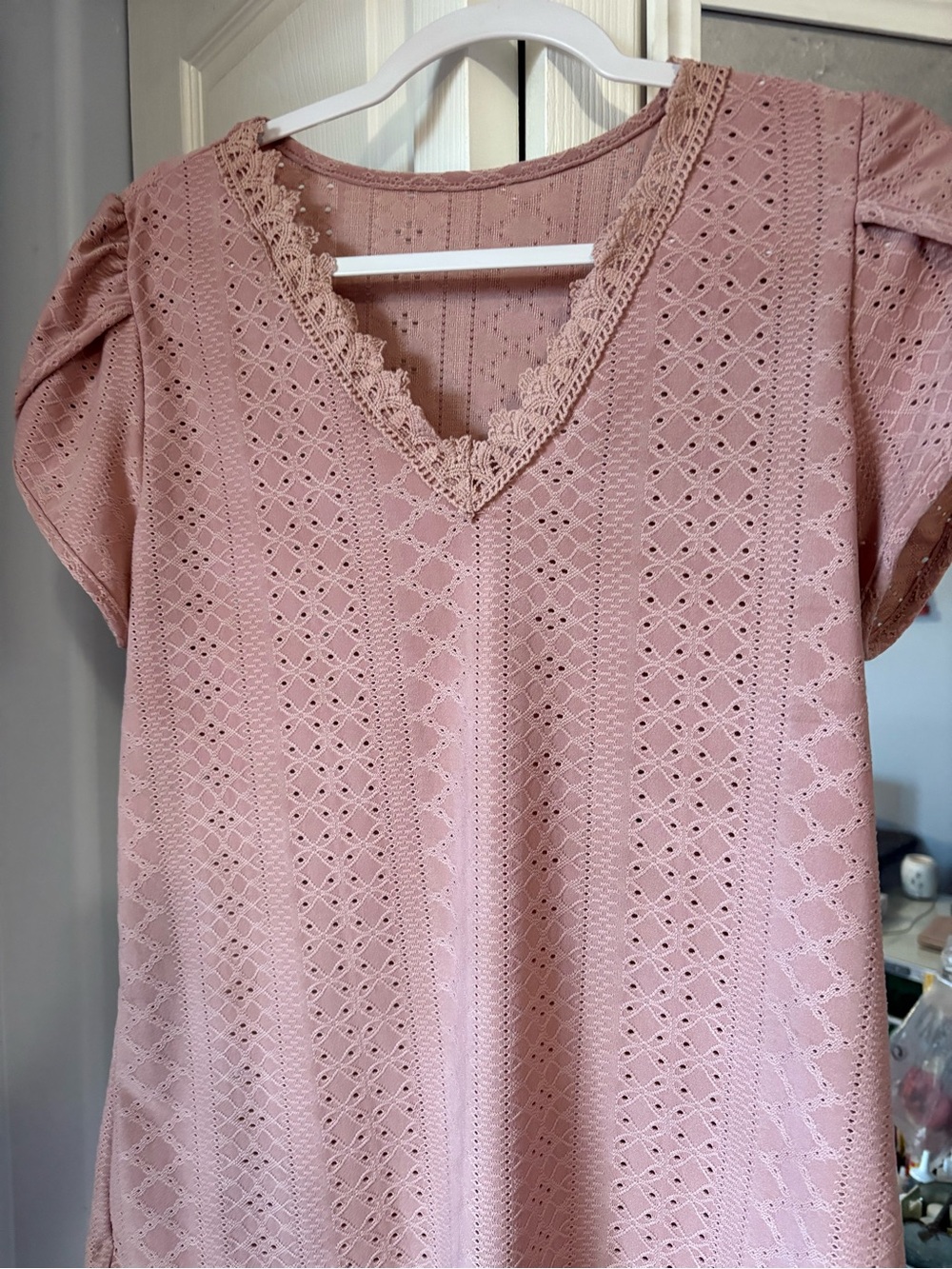 Lace Trim Eyelet Knit Top - Dusty Rose